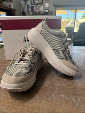 Kybun Striped Casual Sneakers in Beige and White